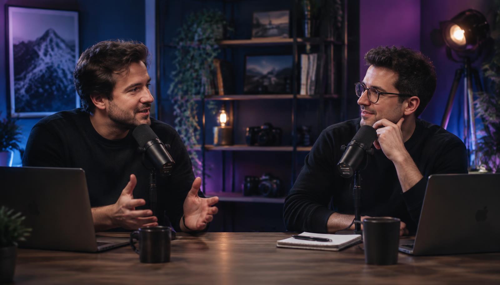 Two creators recording a long-form podcast video